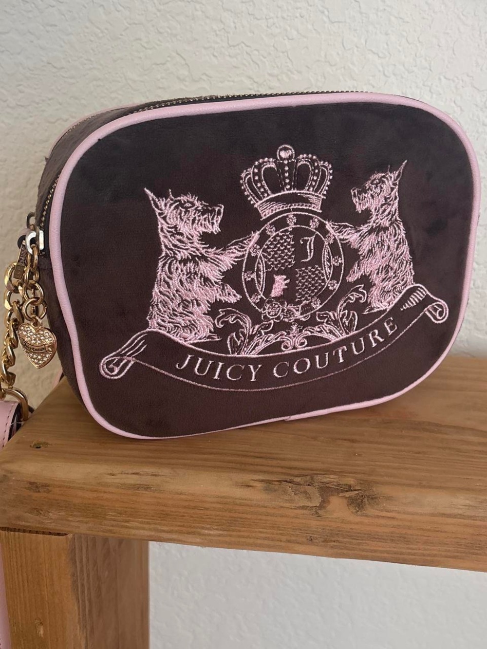 Juicy Couture Brown Velvet Crossbody with Pink Embroidery & Trim
